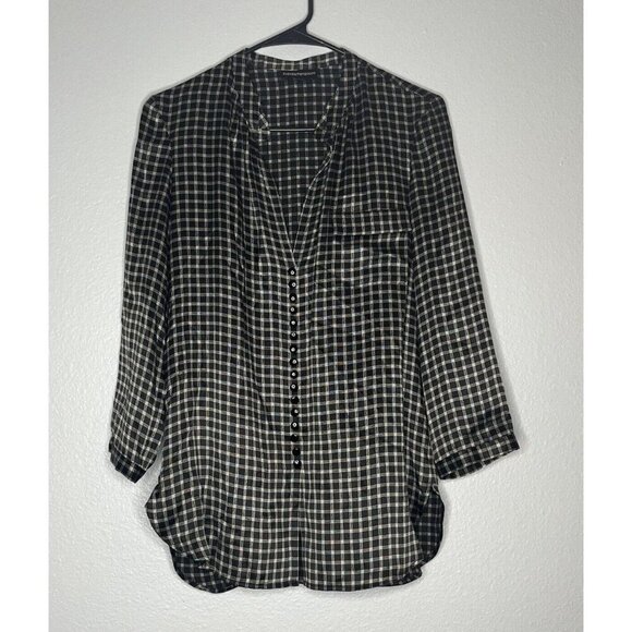 Emporio Armani Black White Check Print 100% Silk Button Front Blouse 40/ US 4 - Picture 1 of 9